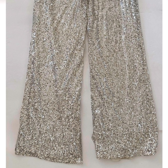Lulus Sparkly Session Beige Sequin High Rise Wide-LegTrouser Pants, Size M, NWT - Picture 9 of 16